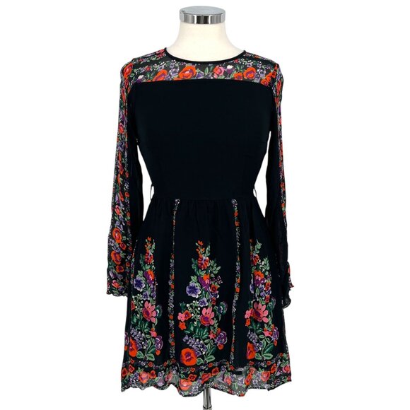 Topshop Floral Bell Sleeve A-Line Mini Dress Black Multicolor Size 4 - Picture 1 of 12